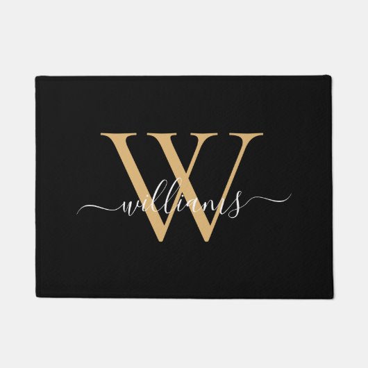 Elegant Zwart Goud Aangepaste Monogram Script Naam Deurmat (Voorkant)