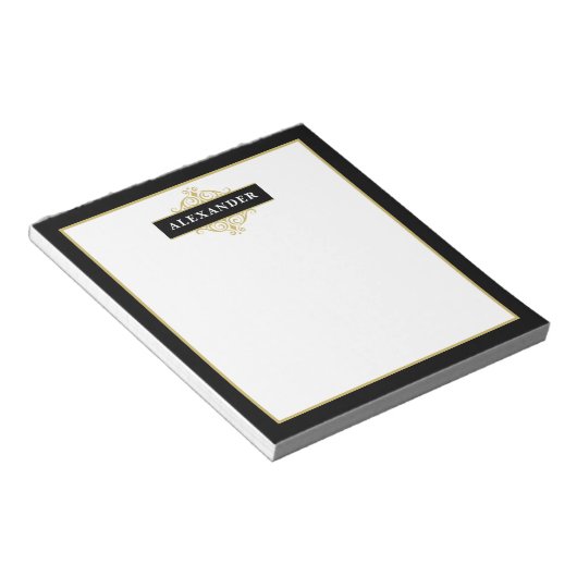 Elegant zwart goud aanpasbaar monogram notitieblok (Schuin)
