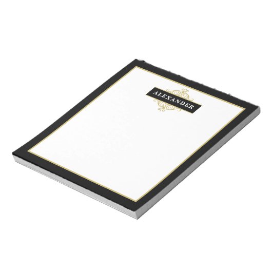 Elegant zwart goud aanpasbaar monogram notitieblok (Linkerzijde)