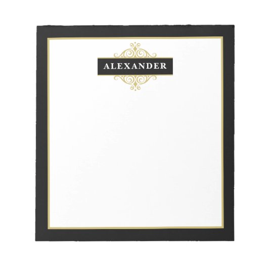 Elegant zwart goud aanpasbaar monogram notitieblok (Voorkant)