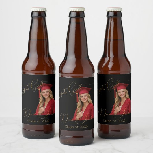 Elegant zwart & goud afstuderen bier etiket (Flessen)