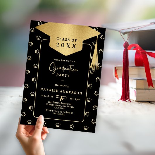 Elegant Zwart & Goud Afstuderen Pet Afstudeerfeest Kaart