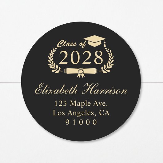Elegant zwart goud Afstuderen retouradres Ronde Sticker