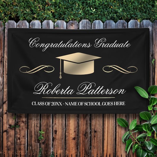 Elegant Zwart|Goud Afstuderen Spandoek
