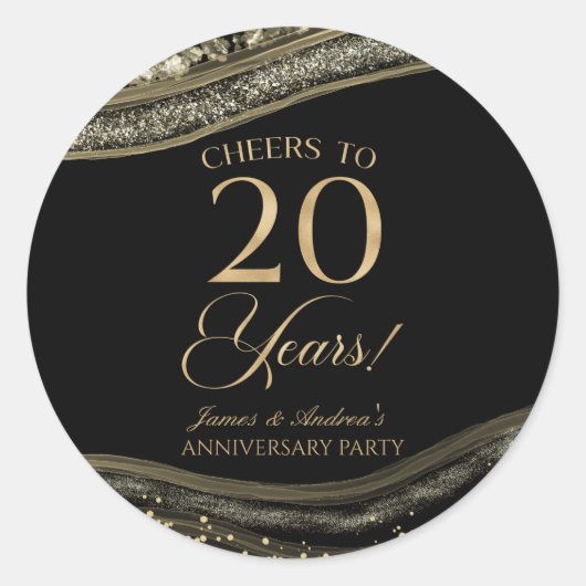 Elegant Zwart Goud Agaat 20ste Verjaardagsfeestje Ronde Sticker (Voorkant)
