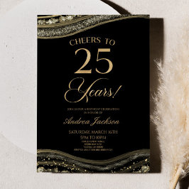 Elegant zwart goud agaat 25e verjaardagsfeest kaart