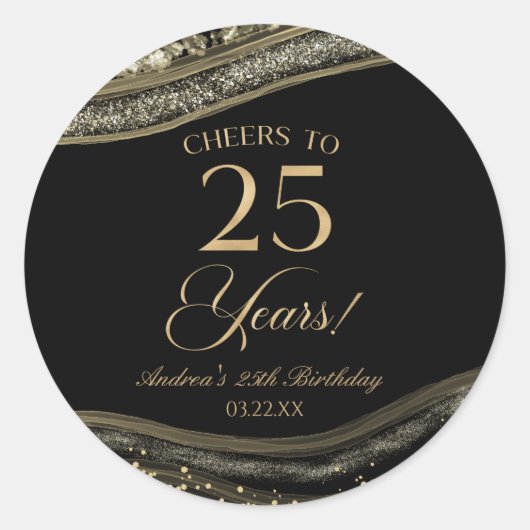 Elegant zwart goud agaat 25e verjaardagsfeest ronde sticker (Voorkant)