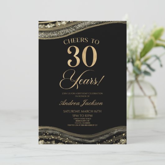 Elegant zwart goud agaat 30e verjaardag partij kaart (Staand voorkant)