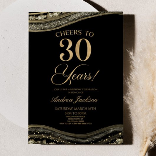 Elegant zwart goud agaat 30e verjaardag partij kaart
