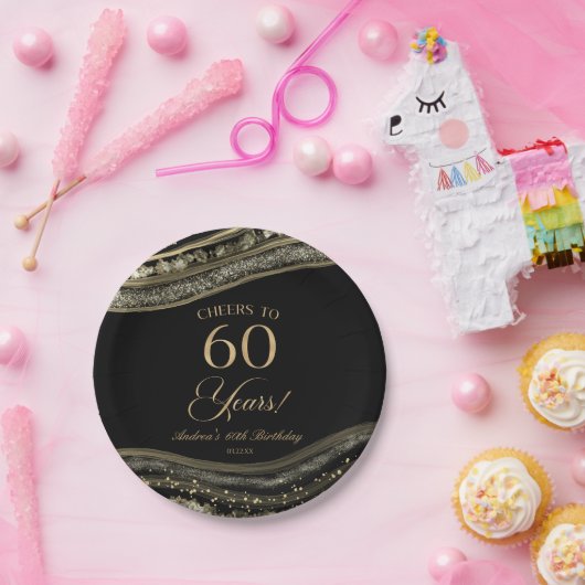 Elegant Zwart Goud Agaat 60e Verjaardagsfeestje Papieren Bordje (Feest)