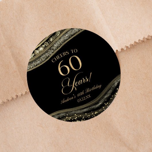 Elegant Zwart Goud Agaat 60e Verjaardagsfeestje Ronde Sticker