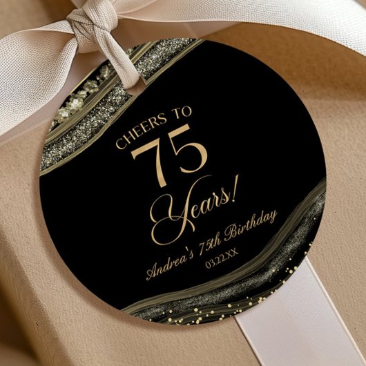 Elegant zwart goud agaat 75e verjaardagsfeest bedankjes labels