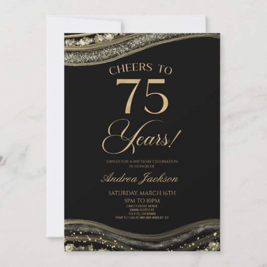 Elegant zwart goud agaat 75e verjaardagsfeest kaart (Voorkant)