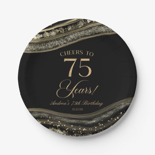 Elegant zwart goud agaat 75e verjaardagsfeest papieren bordje (Voorkant)
