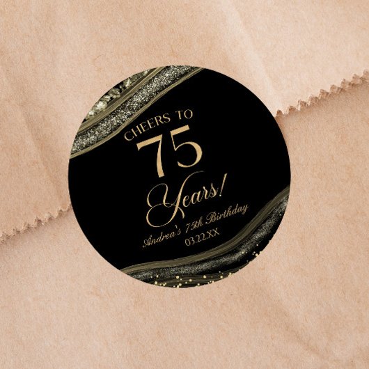 Elegant zwart goud agaat 75e verjaardagsfeest ronde sticker