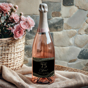 Elegant Zwart Goud Agaat 75e Verjaardagsfeestje Sparkling Wijnetiket