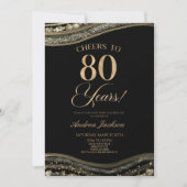 Elegant zwart goud agaat 80ste verjaardag partij kaart (Voorkant)