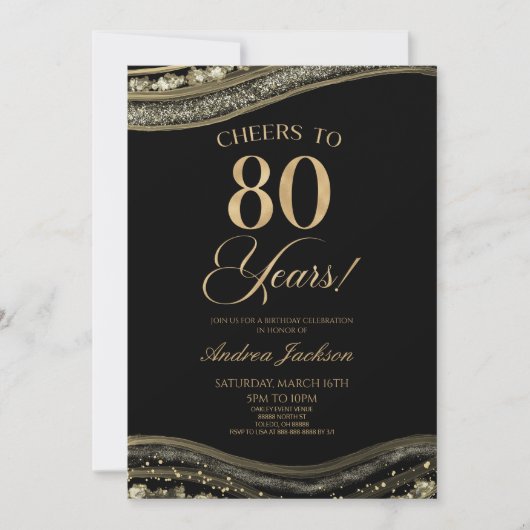 Elegant zwart goud agaat 80ste verjaardag partij kaart (Voorkant)