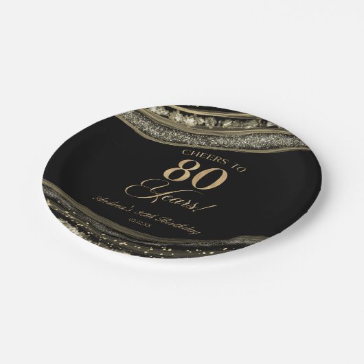 Elegant zwart goud agaat 80ste verjaardag partij papieren bordje (Gekanteld)