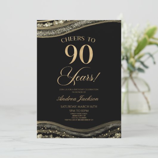 Elegant zwart goud agaat 90ste verjaardagsfeest kaart (Staand voorkant)