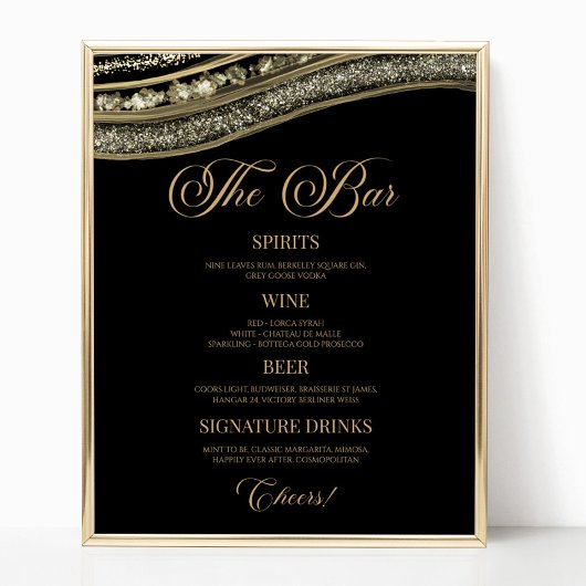 Elegant zwart goud agaat feestbar menu bord poster