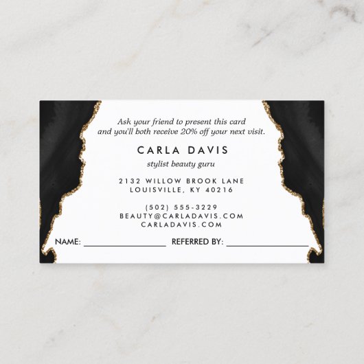 Elegant zwart goud agaat marmer modern aanbevelingskaartje (Achterkant)