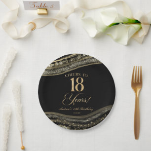 Elegant Zwart Goud Agate 18e Verjaardagsfeestje Papieren Bordje