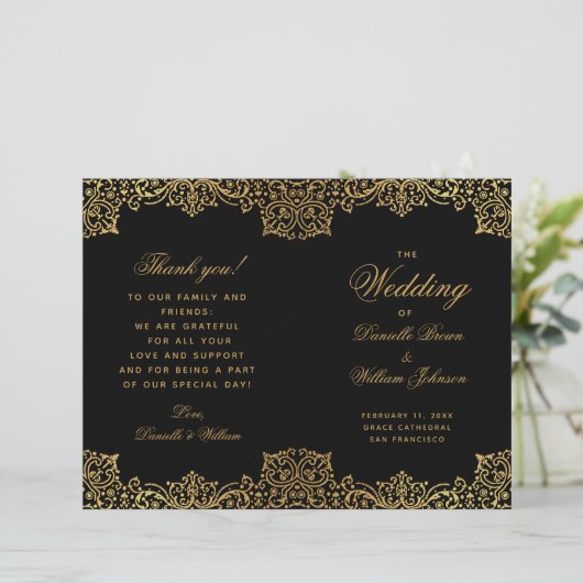 Elegant zwart goud Antiek gevouwen bruiloft progra (Staand voorkant)