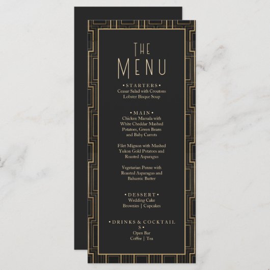Elegant Zwart & Goud Art Deco Gatsby Bruiloft Menu (Voorkant / Achterkant)