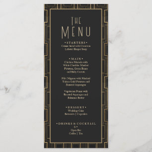 Elegant Zwart & Goud Art Deco Gatsby Bruiloft Menu