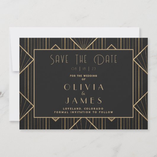 Elegant Zwart & Goud Art Deco Grote Gatsby Bruilof Save The Date (Voorkant)