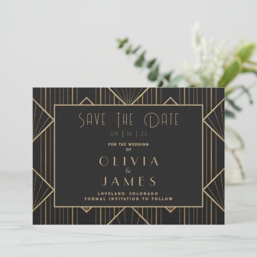 Elegant Zwart & Goud Art Deco Grote Gatsby Bruilof Save The Date (Staand voorkant)