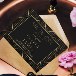 Elegant Zwart & Goud Art Deco Grote Gatsby Bruilof Save The Date