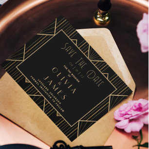 Elegant Zwart & Goud Art Deco Grote Gatsby Bruilof Save The Date