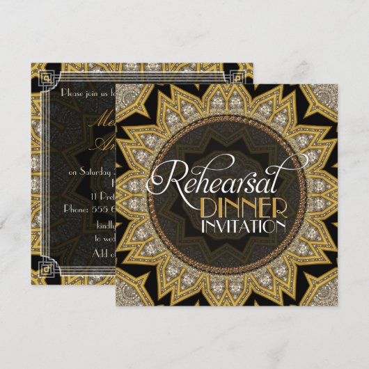 Elegant zwart goud art deco repetitie diner kaart (Voorkant / Achterkant)