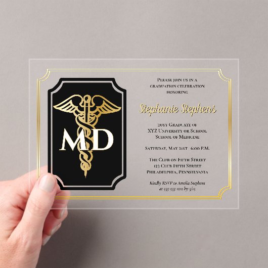 Elegant Zwart | Goud Arts MD Afstudeerfeest Acryl Uitnodigingen (Insitu (Draagbaar))