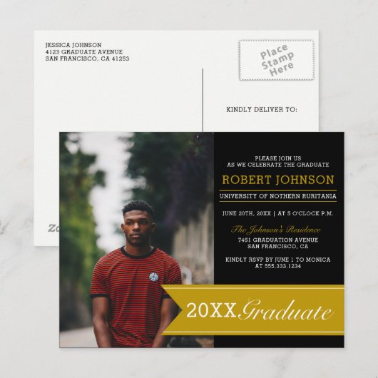 Elegant Zwart & Goud Banner Foto Afstudeerfeest Uitnodiging Briefkaart (Voorkant / Achterkant)