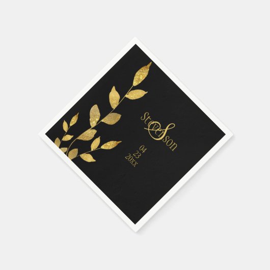Elegant zwart goud blad modern monogram bruiloft servet (Hoek)