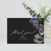 Elegant Zwart Goud Blauw Masquerade Party Verjaard Bedankkaart (Staand voorkant)