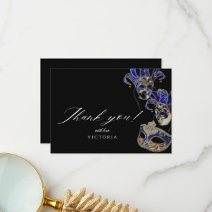 Elegant Zwart Goud Blauw Masquerade Party Verjaard Bedankkaart