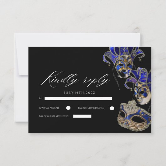 Elegant Zwart Goud Blauw Masquerade Party Verjaard RSVP Kaartje (Voorkant)