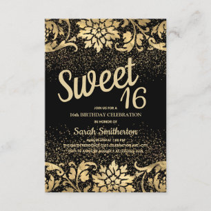 Elegant Zwart Goud Bloem Glitter Sweet 16 Kaart