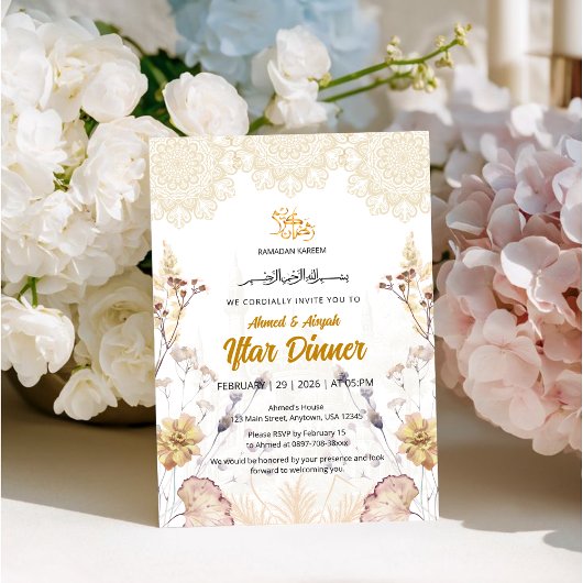 Elegant Zwart & Goud | Bloem Moskee Iftar Kaart