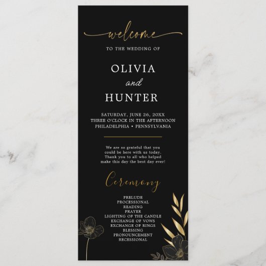 Elegant Zwart & Goud Bloemen Bruiloft Party Progra Programmakaart (Voorkant)