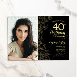 Elegant Zwart Goud Bloemen Foto 40e Verjaardag Kaart<br><div class="desc">Zwart goud bloemenfeest 40e verjaardag uitnodiging met je foto op de voorkant van de kaart. Minimalistisch modern design met botanische contourtekenaccenten, faux gouden folie en typografie script lettertype. Eenvoudige trendy uitnodigingskaart perfect voor een stijlvol vrouwen dagfeest. Kan worden aangepast aan elke leeftijd. Gedrukte Zazzle-uitnodigingen of direct download digitale afdrukbare sjabloon....</div>