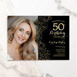Elegant Zwart Goud Bloemen Foto 50e Verjaardag Kaart<br><div class="desc">Zwart goud bloemenfeest 50ste verjaardag uitnodiging met je foto op de voorkant van de kaart. Minimalistisch modern design met botanische contourtekenaccenten, faux gouden folie en typografie script lettertype. Eenvoudige trendy uitnodigingskaart perfect voor een stijlvol vrouwen dagfeest. Kan worden aangepast aan elke leeftijd. Gedrukte Zazzle-uitnodigingen of direct download digitale afdrukbare sjabloon....</div>