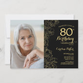 Elegant Zwart Goud Bloemen Foto 80e Verjaardag Kaart (Voorkant)