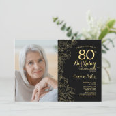 Elegant Zwart Goud Bloemen Foto 80e Verjaardag Kaart (Staand voorkant)