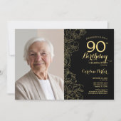 Elegant Zwart Goud Bloemen Foto 90e Verjaardag Kaart (Voorkant)