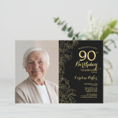 Elegant Zwart Goud Bloemen Foto 90e Verjaardag Kaart (Staand voorkant)